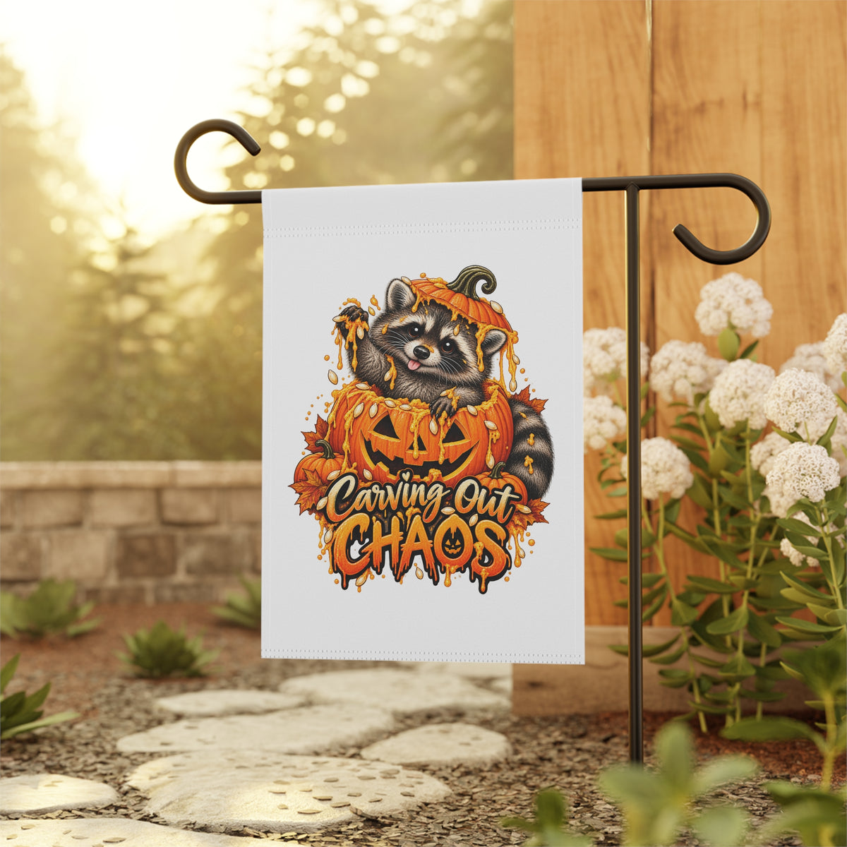 Carving Out Chaos Raccoon Garden Flag