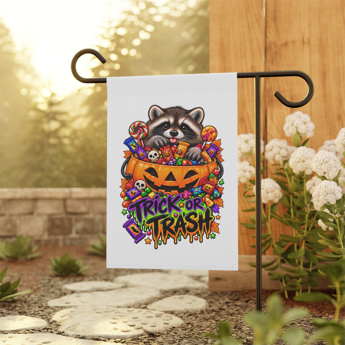 Trick or Trash Raccoon Garden Flag