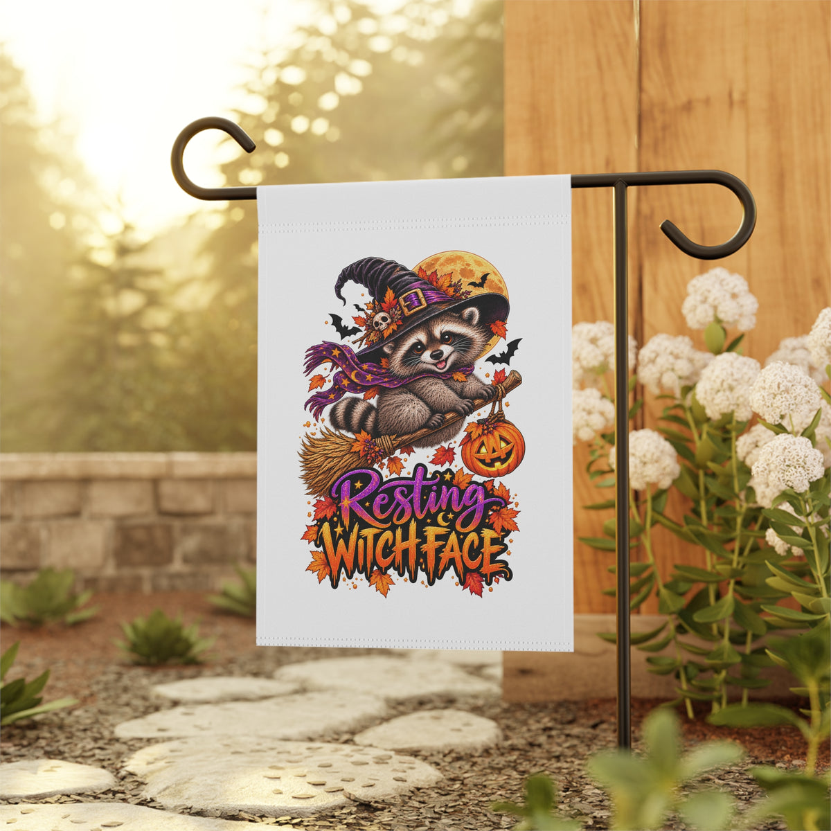 Resting Witch Face Raccoon Garden Flag