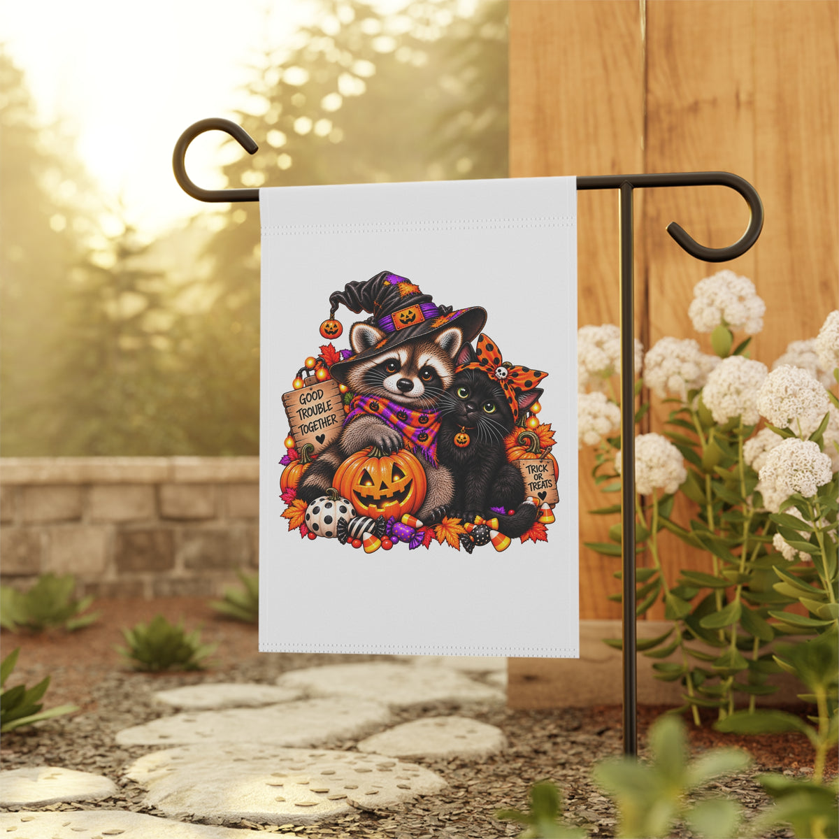 Halloween Raccoon and Black Cat Bestie Garden Flag