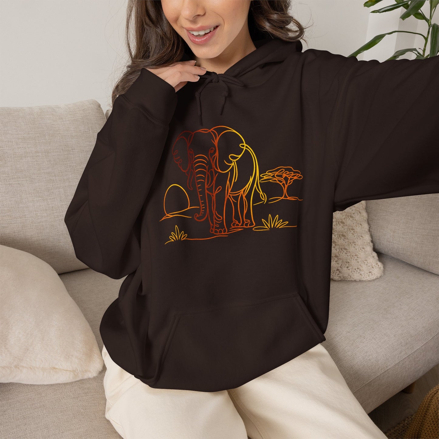 Elephant Sunset Hoodie — Minimal Safari Graphic Hooded Sweatshirt