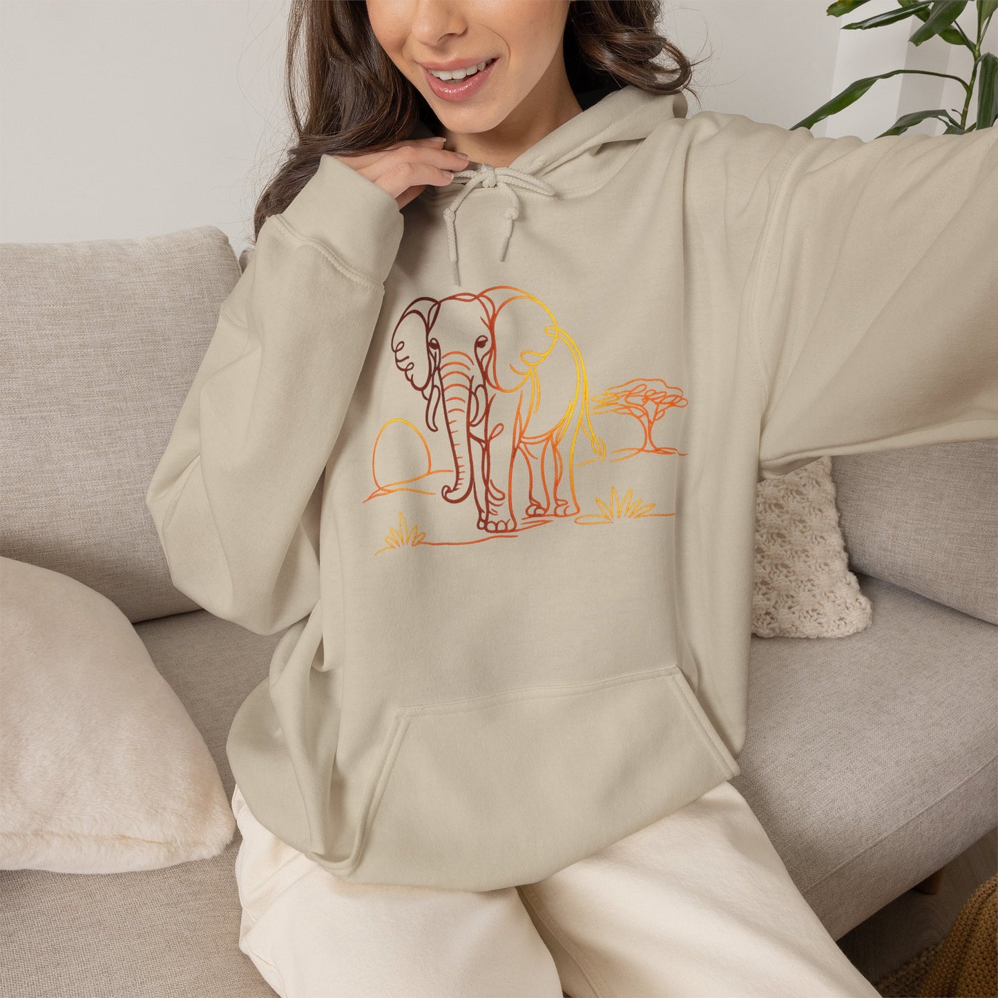 Elephant Sunset Hoodie — Minimal Safari Graphic Hooded Sweatshirt