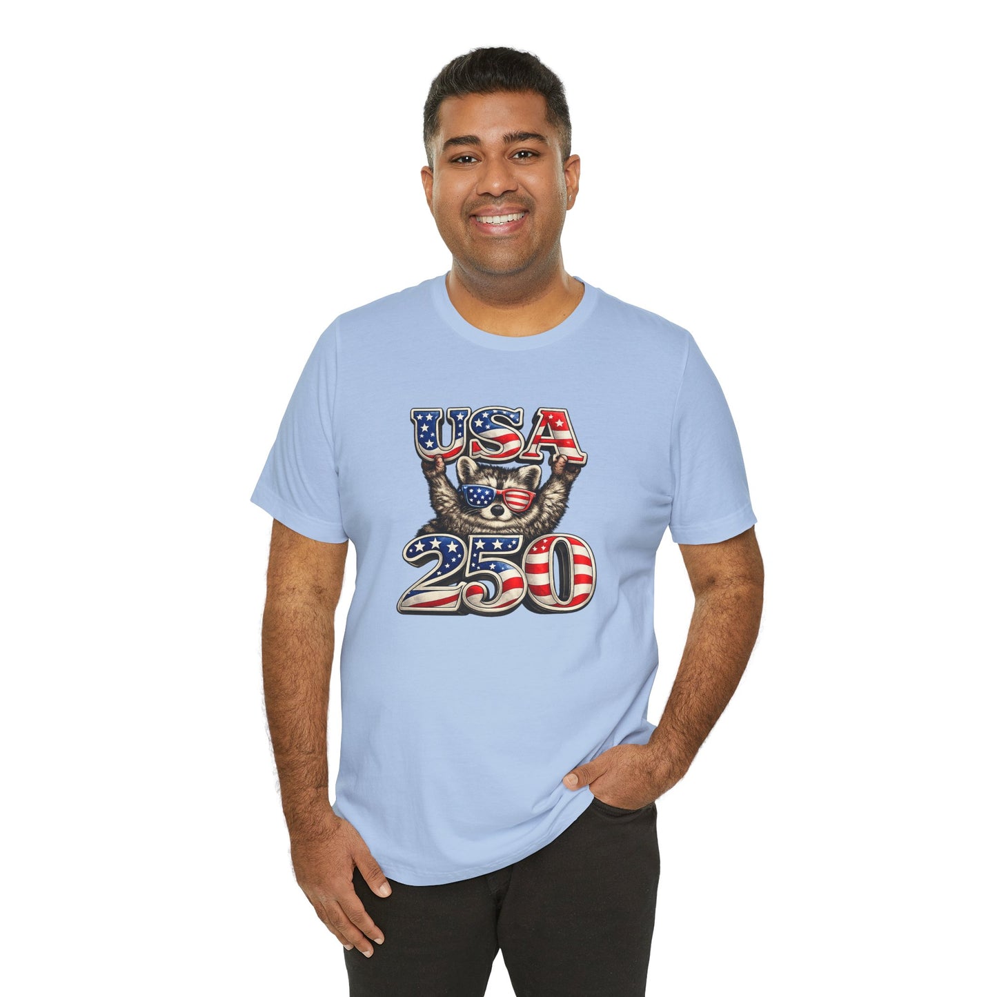 Patriot Raccoon 250th Anniversary T-Shirt — 4th of July Fireworks Flag Tee