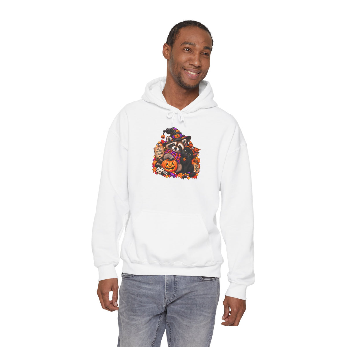 Halloween Raccoon and Black Cat Bestie Hooded Sweatshirt