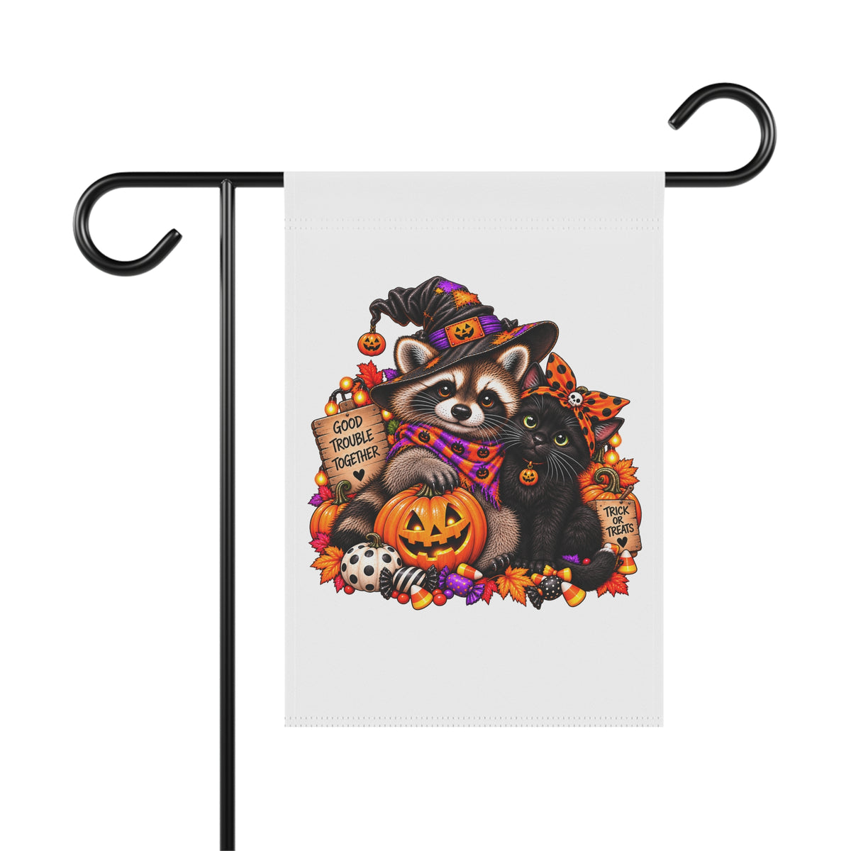 Halloween Raccoon and Black Cat Bestie Garden Flag