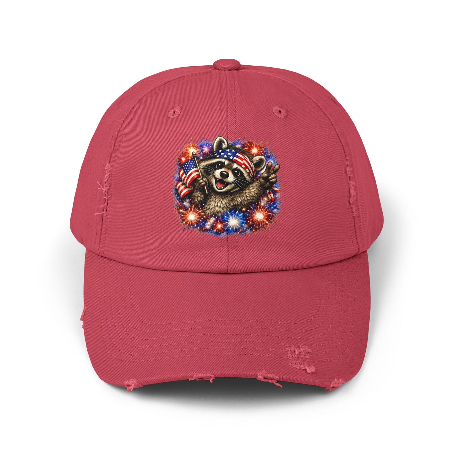 Patriotic Raccoon 250 Cap — Fireworks & Flag Distressed Baseball Hat