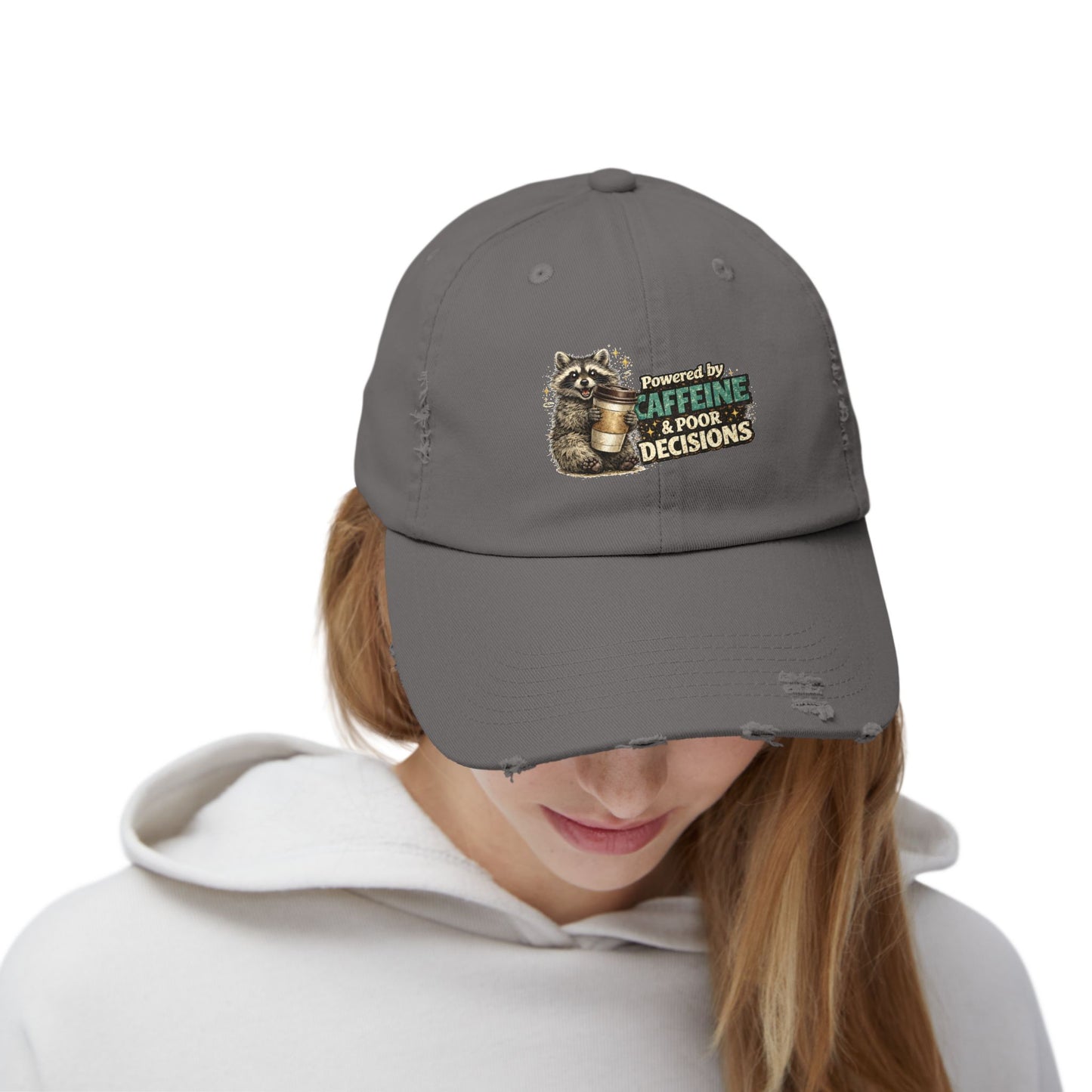 Powered By Distressed Cap — Raccoon Mom/Dad Funny Dad Hat