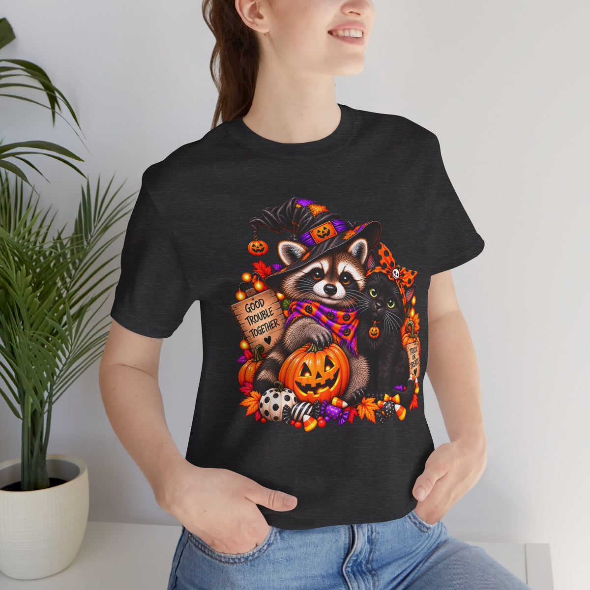 Halloween Raccoon and Black Cat T-Shirt