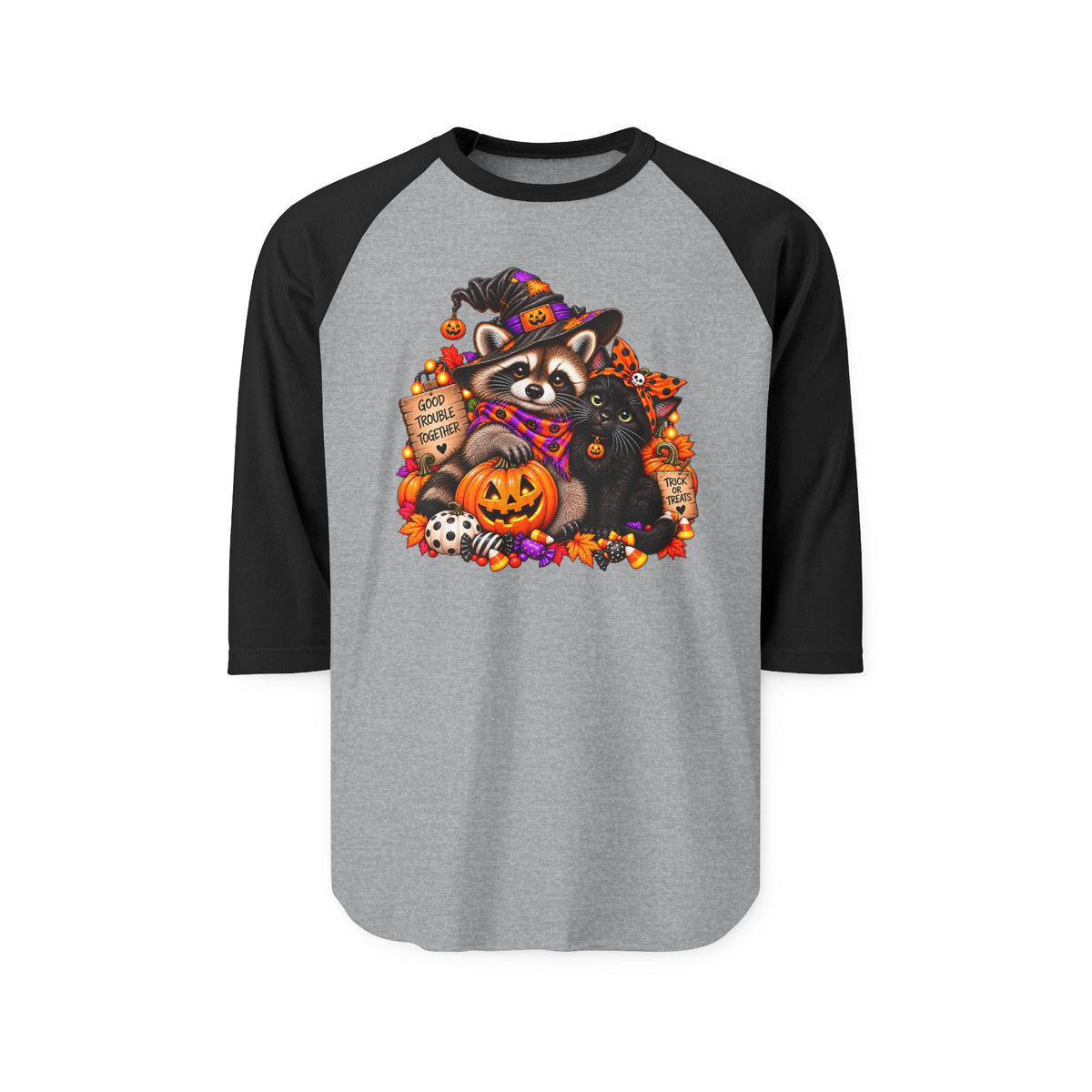 Halloween Raccoon and Black Cat Bestie Raglan Baseball Shirt