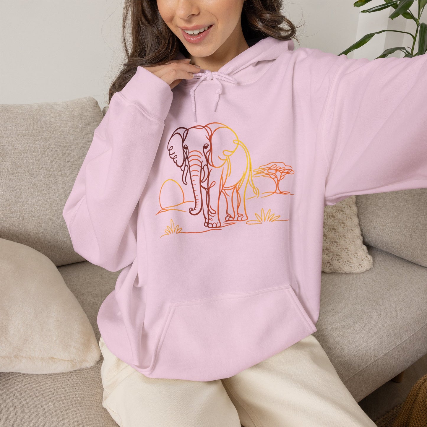 Elephant Sunset Hoodie — Minimal Safari Graphic Hooded Sweatshirt