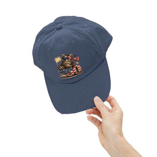 Patriotic Raccoon 250 Cap — Fireworks & Flag Distressed Baseball Hat