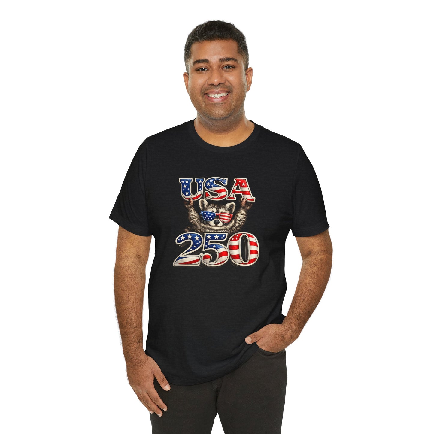 Patriot Raccoon 250th Anniversary T-Shirt — 4th of July Fireworks Flag Tee