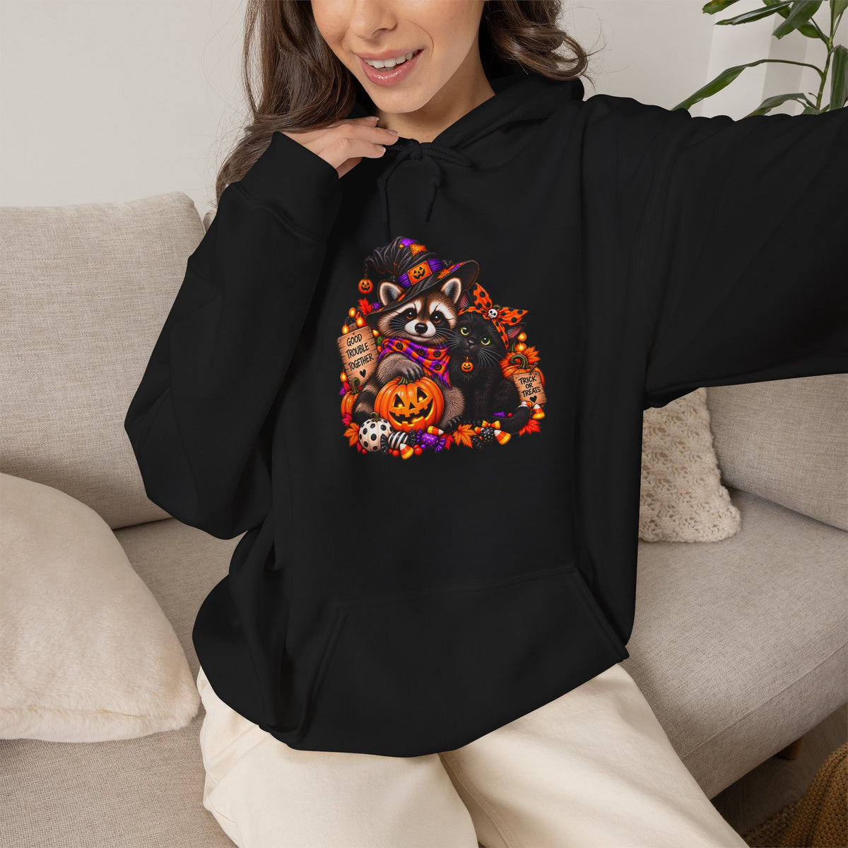 Halloween Raccoon and Black Cat Bestie Hooded Sweatshirt
