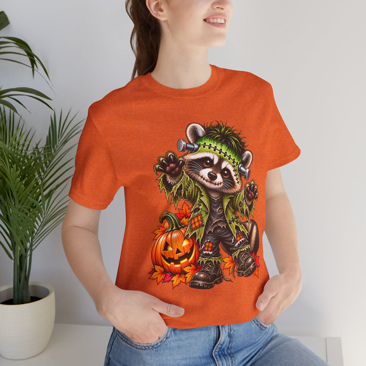 Halloween Frankenstein Raccoon and Black Cat T-Shirt