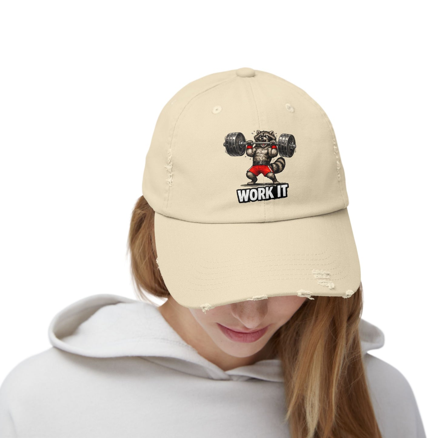 Work It Distressed Cap — Raccoon Mom/Dad Funny Dad Hat