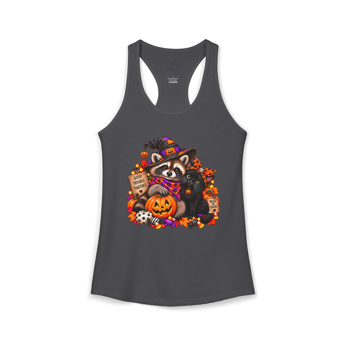 Halloween Raccoon and Black Cat Bestie Racerback Tank