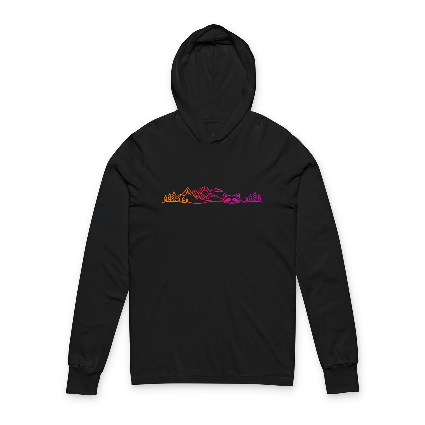 Continuous Line Art | Sunrise Moutain Raccoon Hooded Long Sleeve Tee