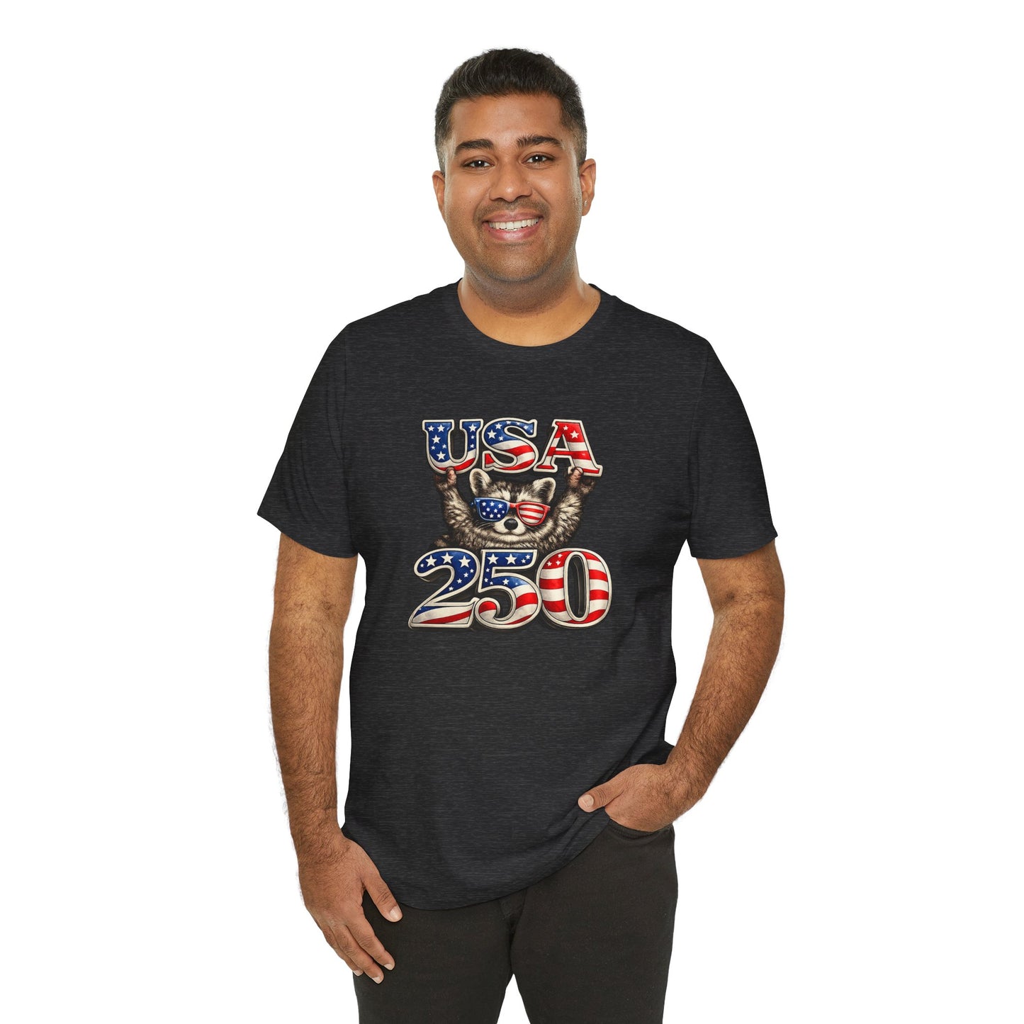 Patriot Raccoon 250th Anniversary T-Shirt — 4th of July Fireworks Flag Tee