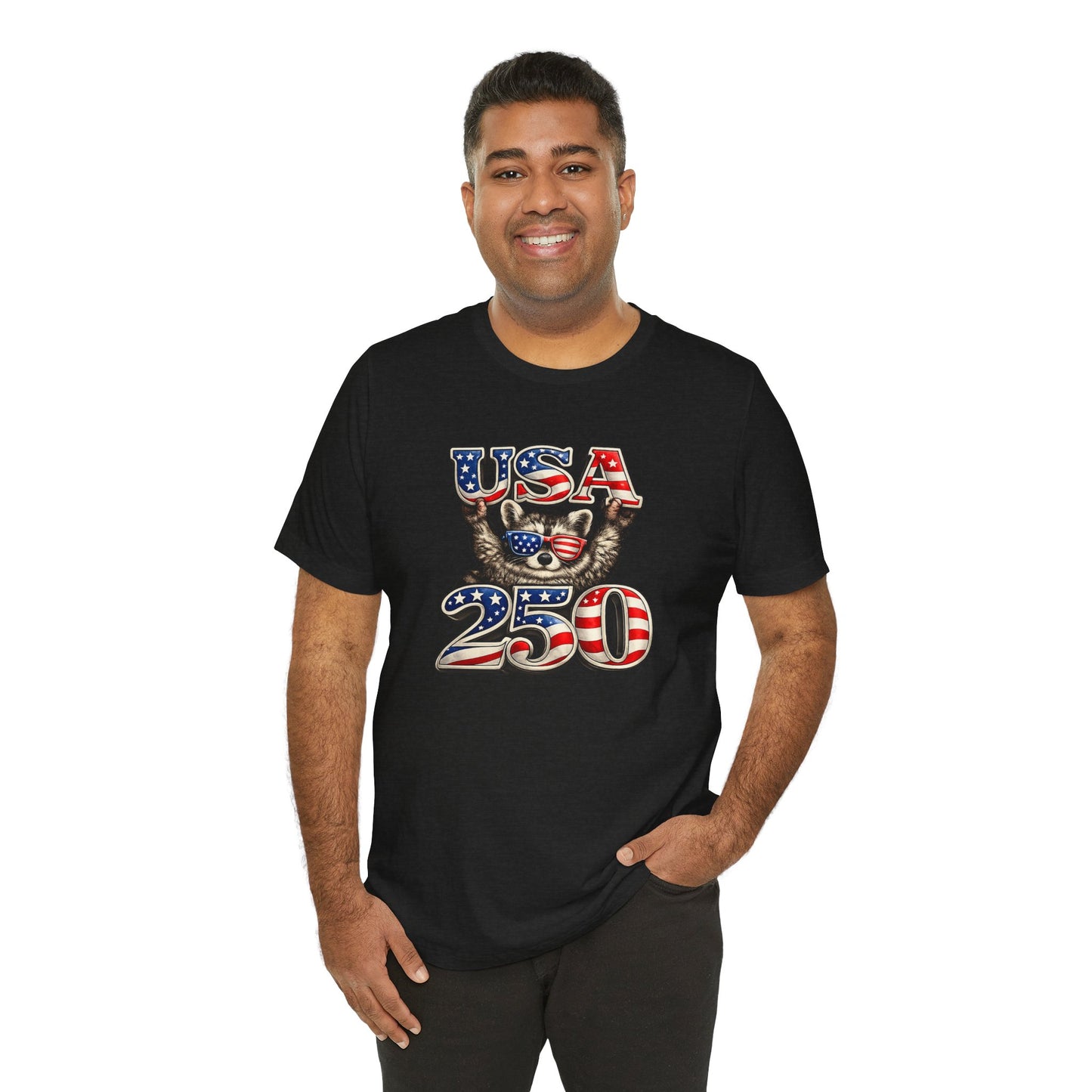 Patriot Raccoon 250th Anniversary T-Shirt — 4th of July Fireworks Flag Tee