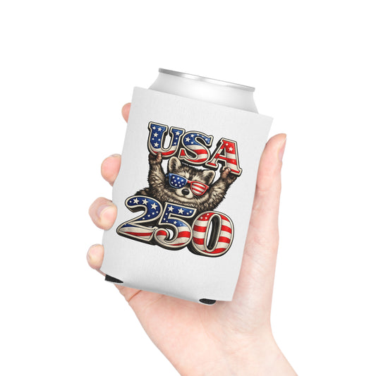 Patriotic Raccoon 250 Can Cooler – USA Flag, 4th of July Drink Koozie