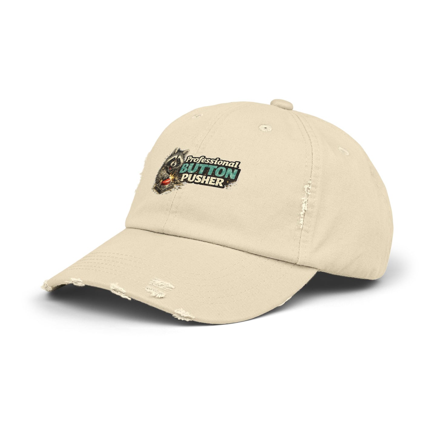 Button Pusher Distressed Cap — Raccoon Mom/Dad Funny Dad Hat