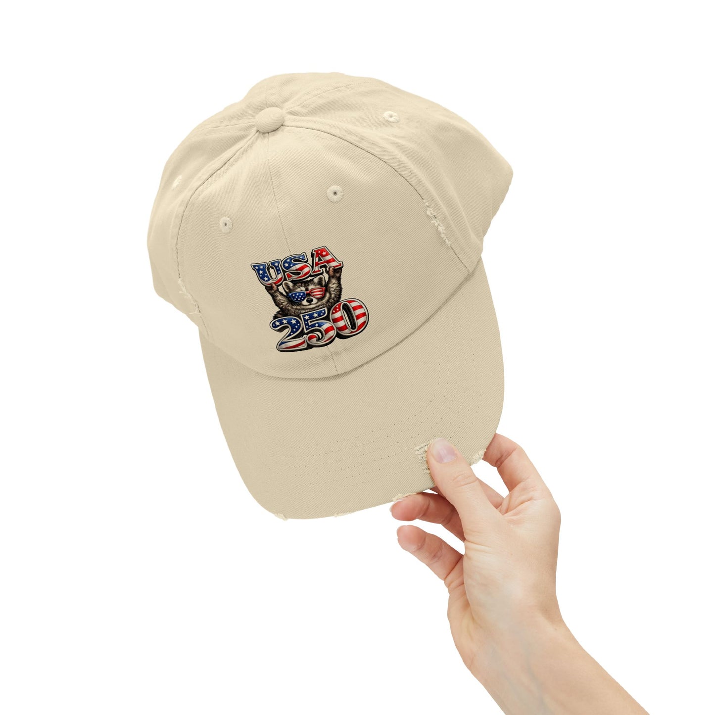 Patriotic Raccoon 250 Cap — Fireworks & Flag Distressed Baseball Hat