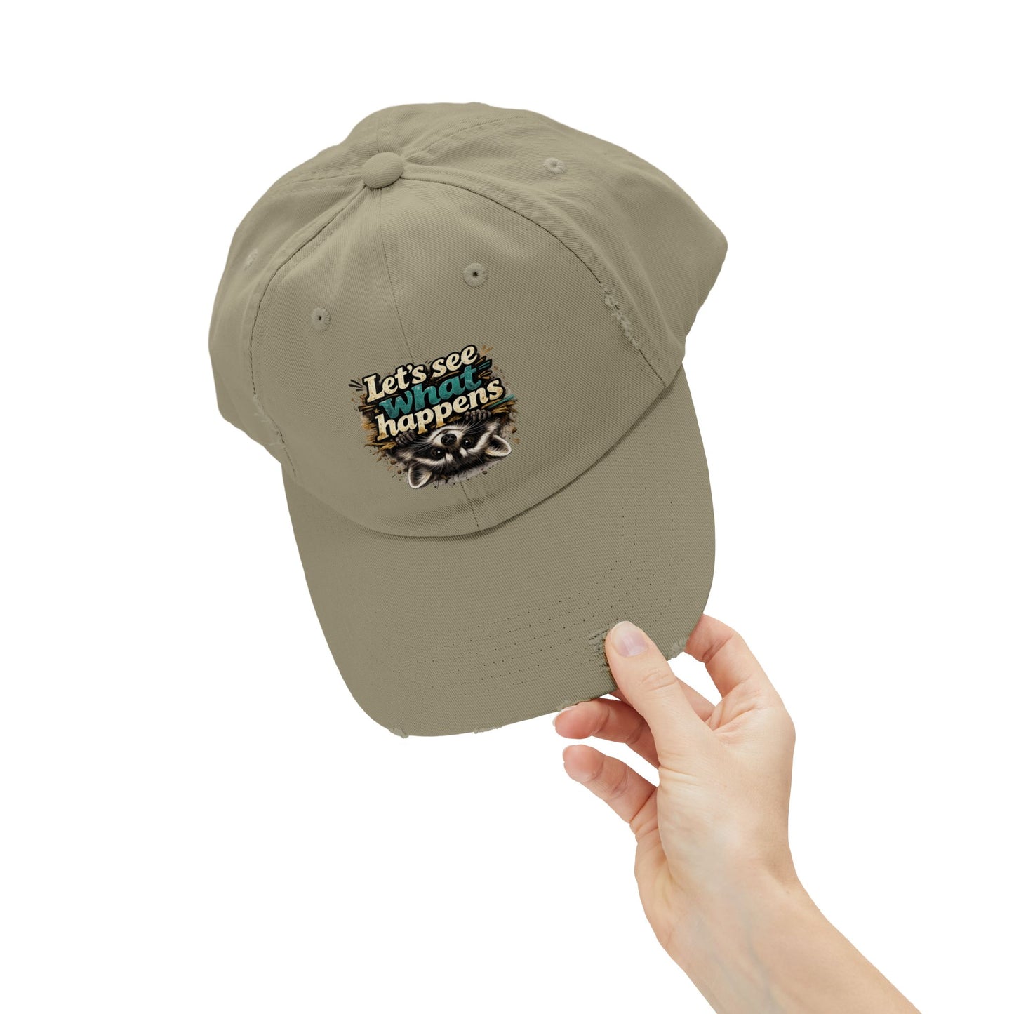 Let's See What Happens Distressed Cap — Raccoon Mom/Dad Funny Dad Hat