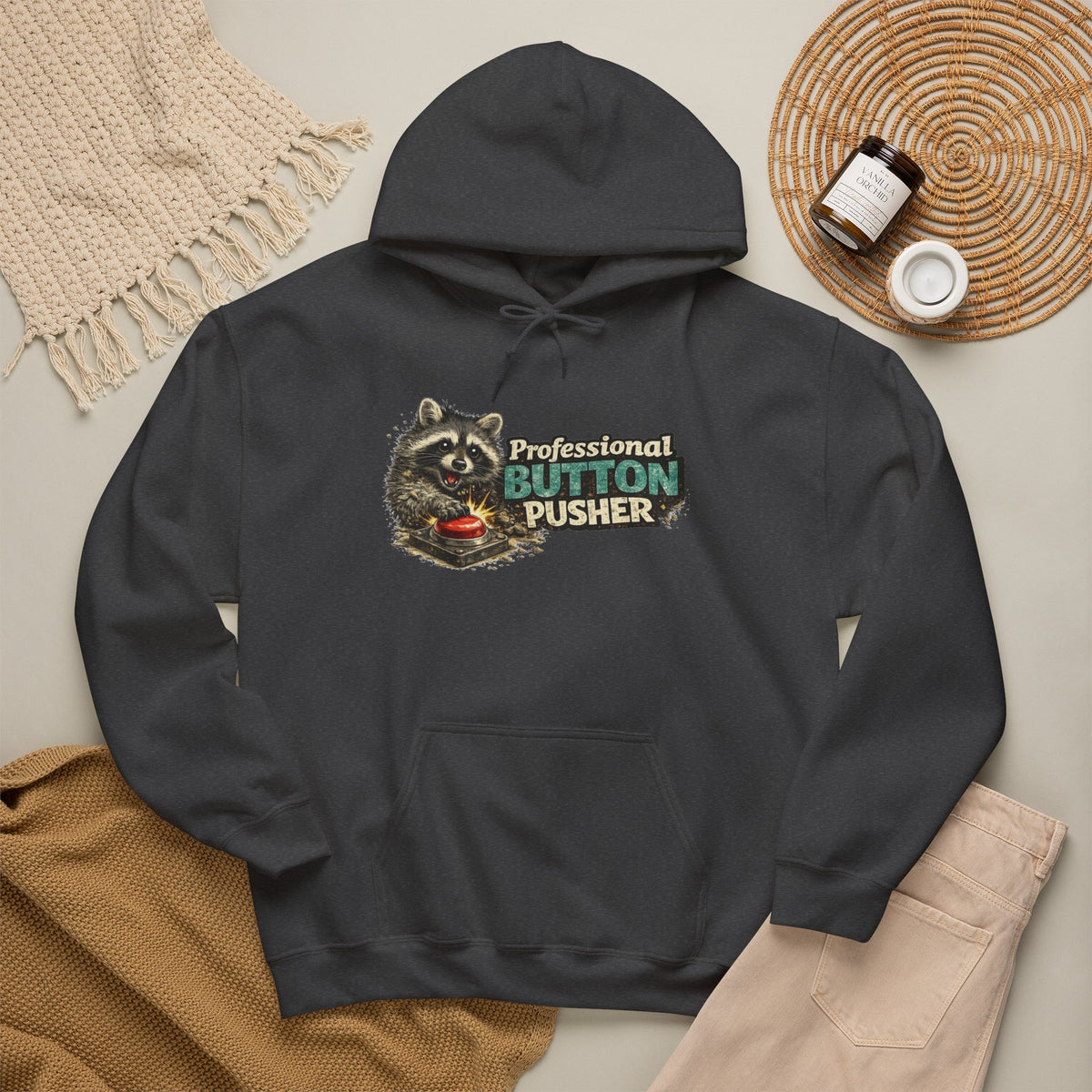 Raccoon "Button Pusher" Hooded Sweatshirt
