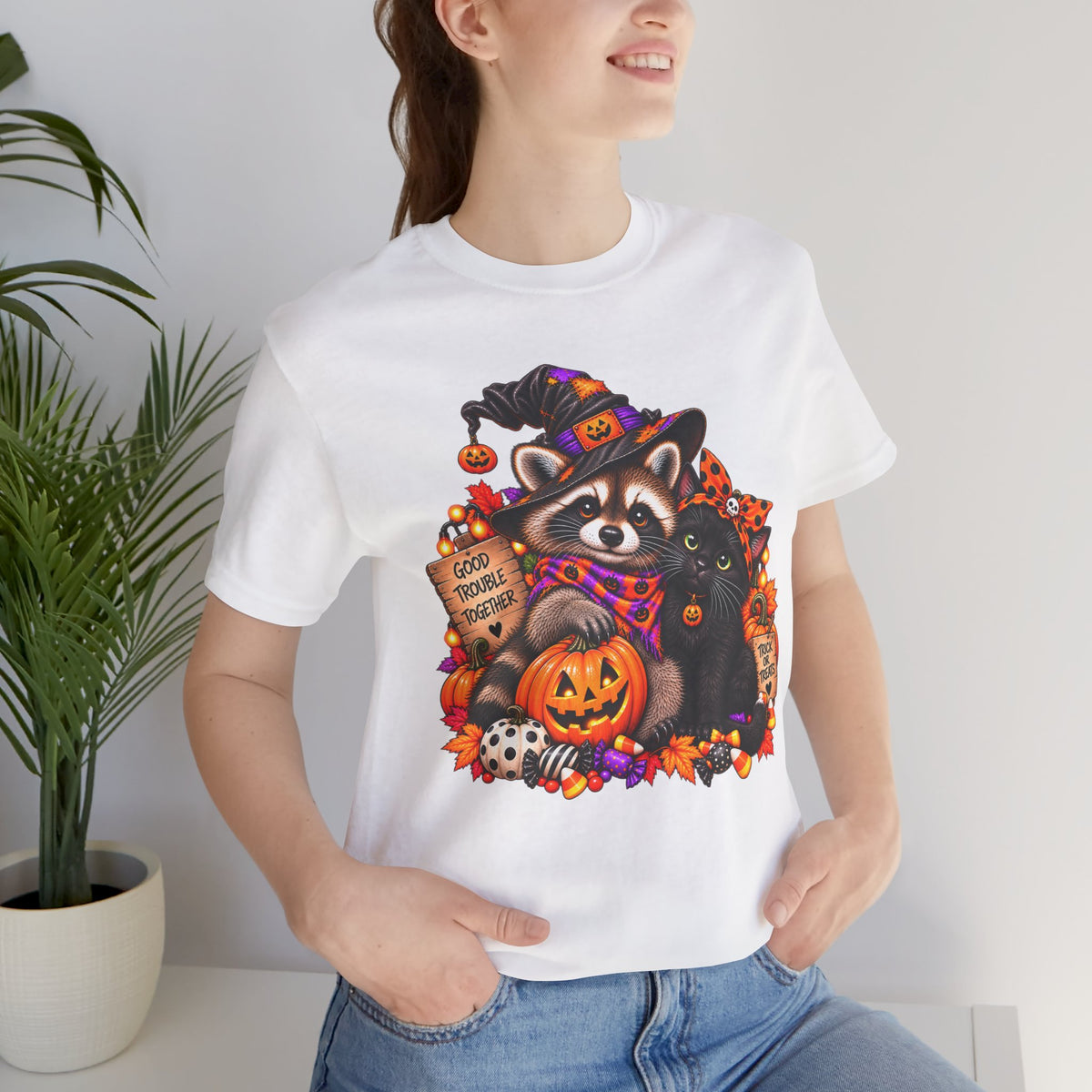 Halloween Raccoon and Black Cat T-Shirt