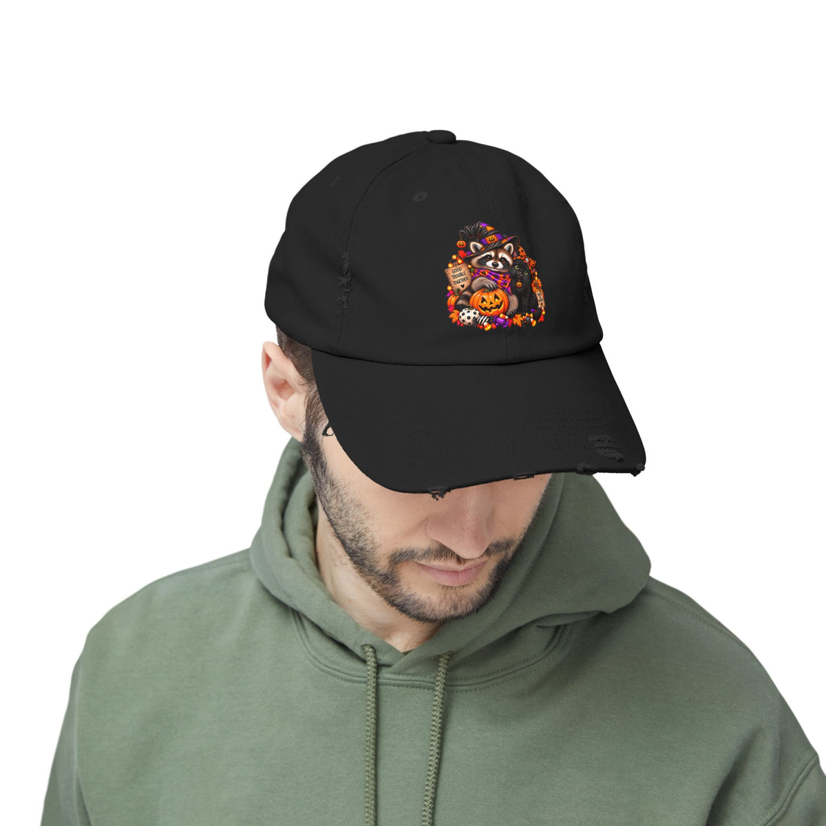Halloween Raccoon and Black Cat Bestie Distressed Baseball Hat