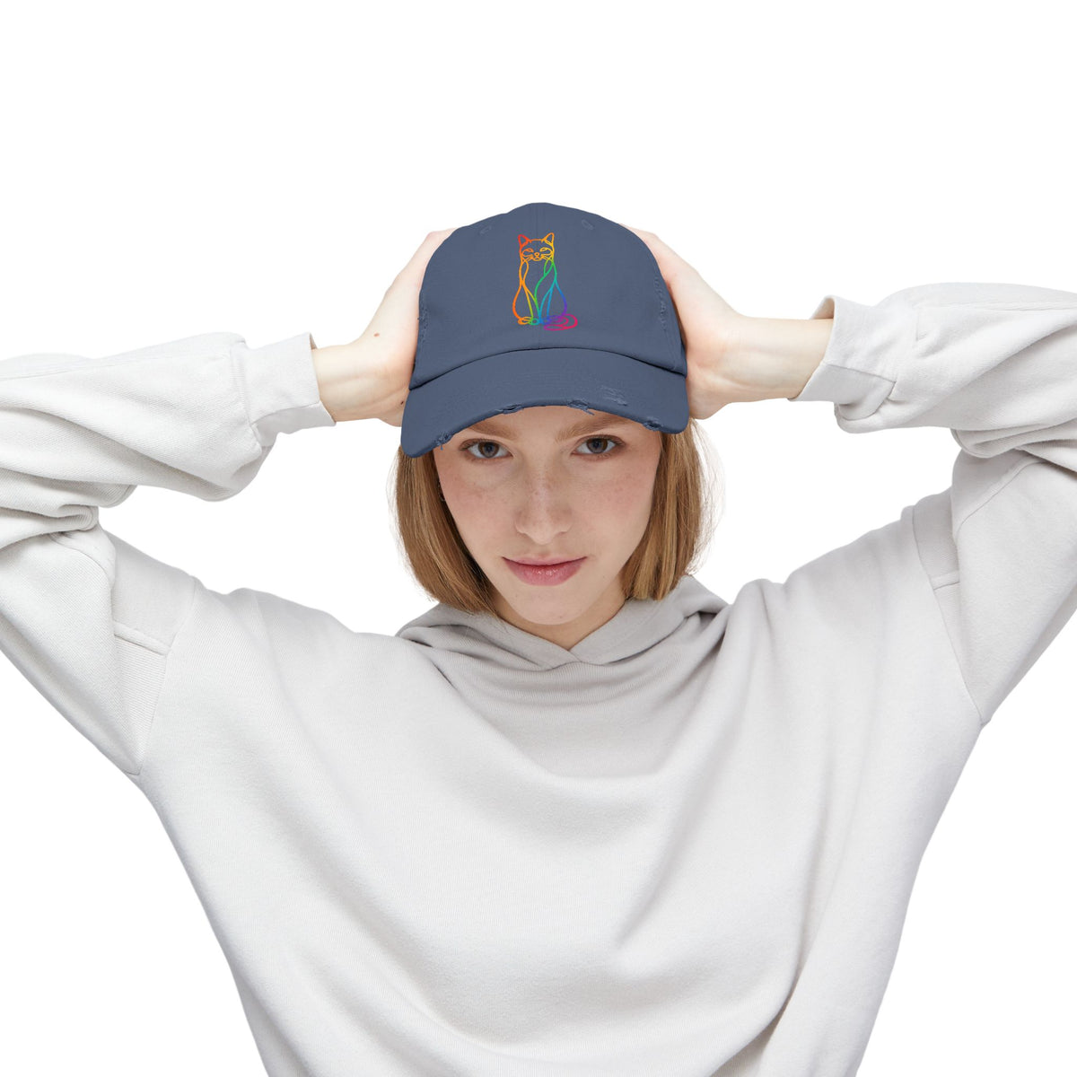 Rainbow Cat Distressed Cap