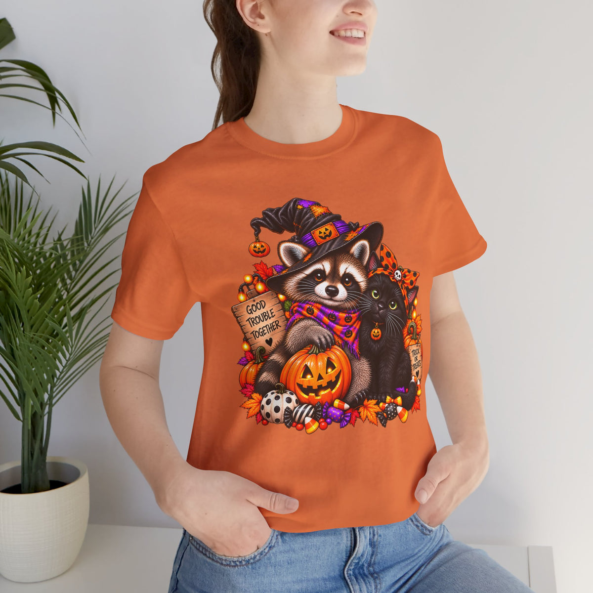 Halloween Raccoon and Black Cat T-Shirt