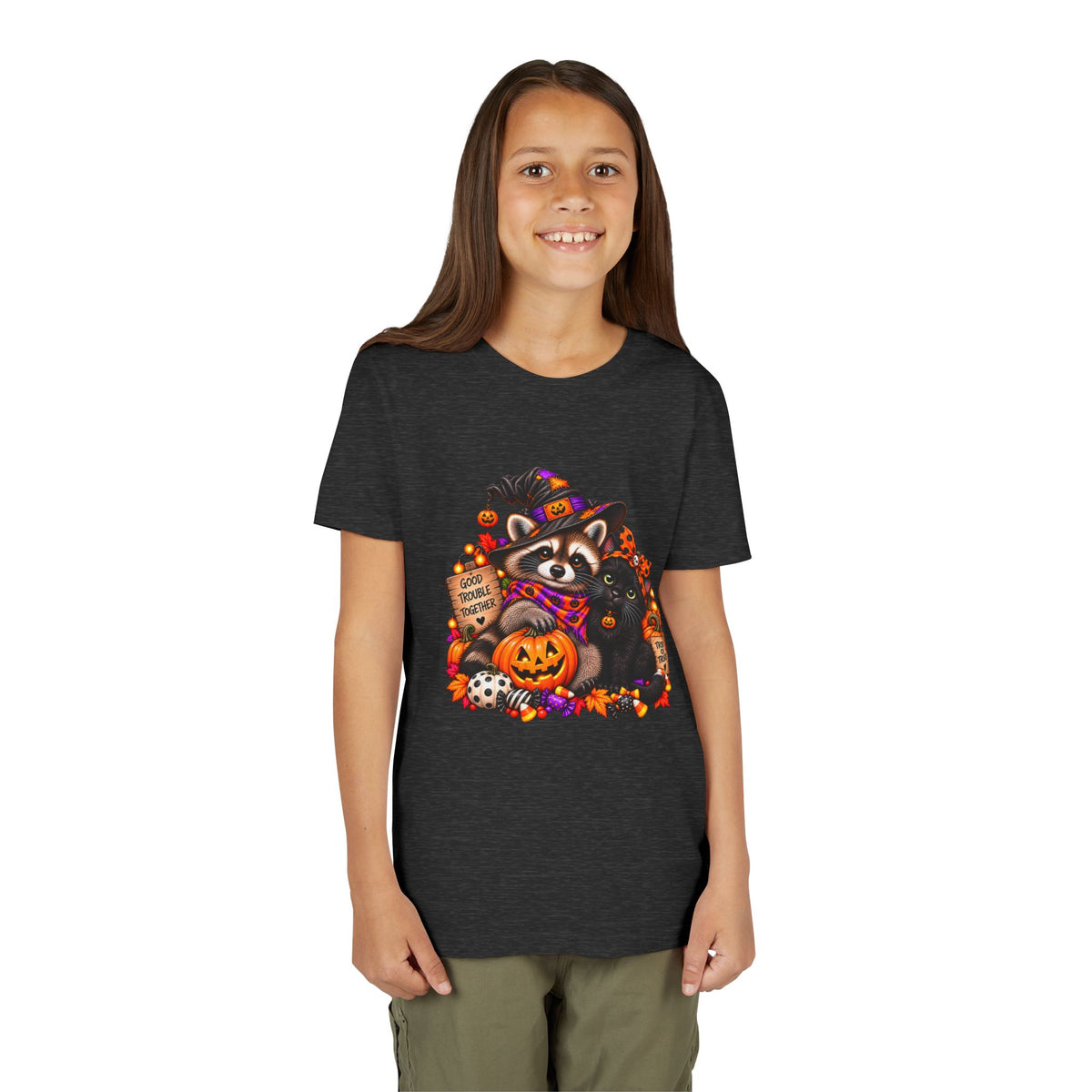 Halloween Youth Tee — Raccoon with it's Black Cat Bestie Kids Tshirt
