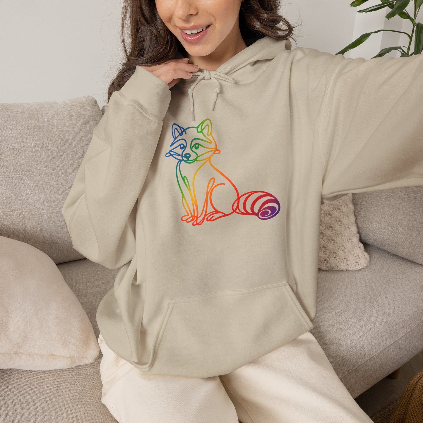 Rainbow Line Art Raccoon Hoodie