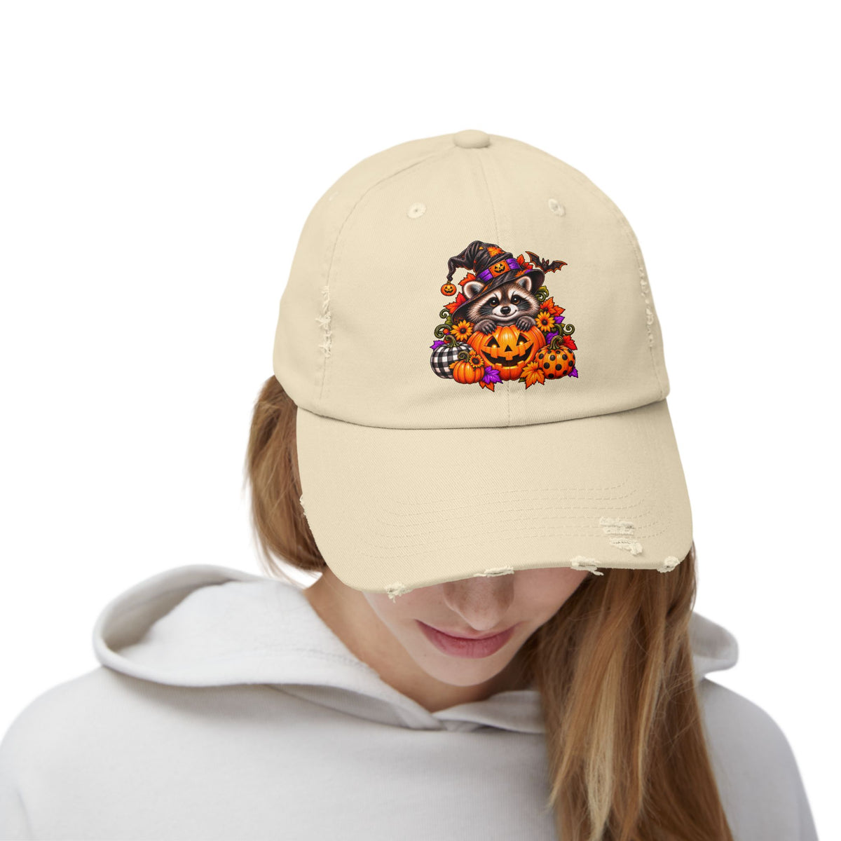 Halloween Raccoon Distressed Baseball Hat