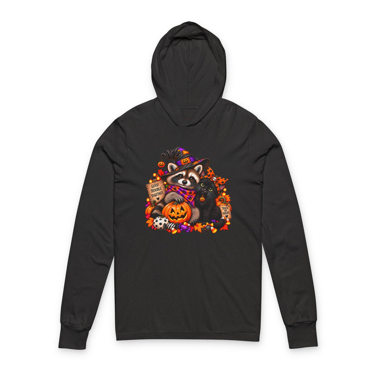 Halloween Raccoon and Black Cat Bestie Hooded Long Sleeve Tee
