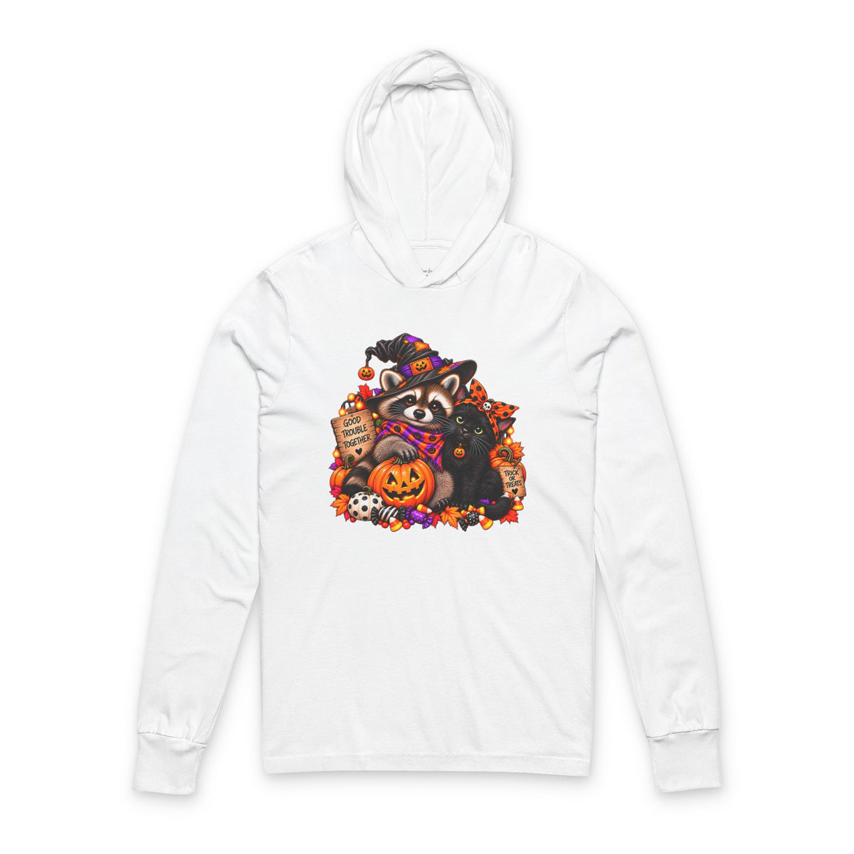 Halloween Raccoon and Black Cat Bestie Hooded Long Sleeve Tee