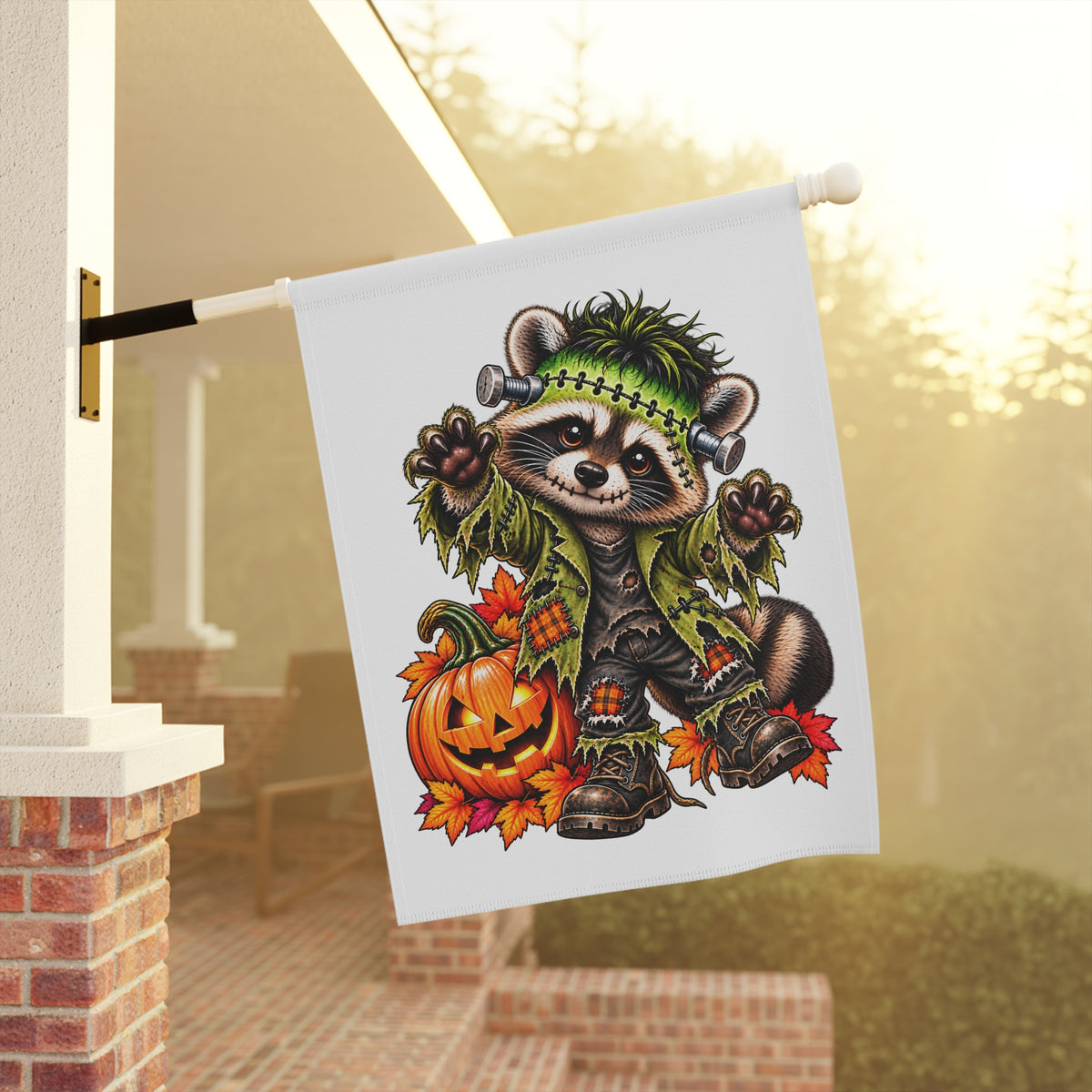 Halloween Frankenstein Raccoon Garden Flag