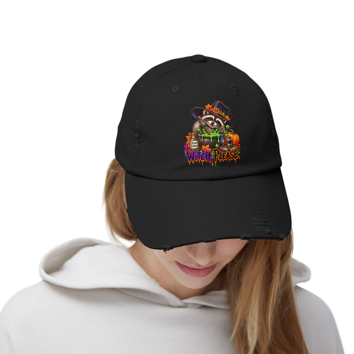Witch, Please. Raccoon Distressed Baseball Hat