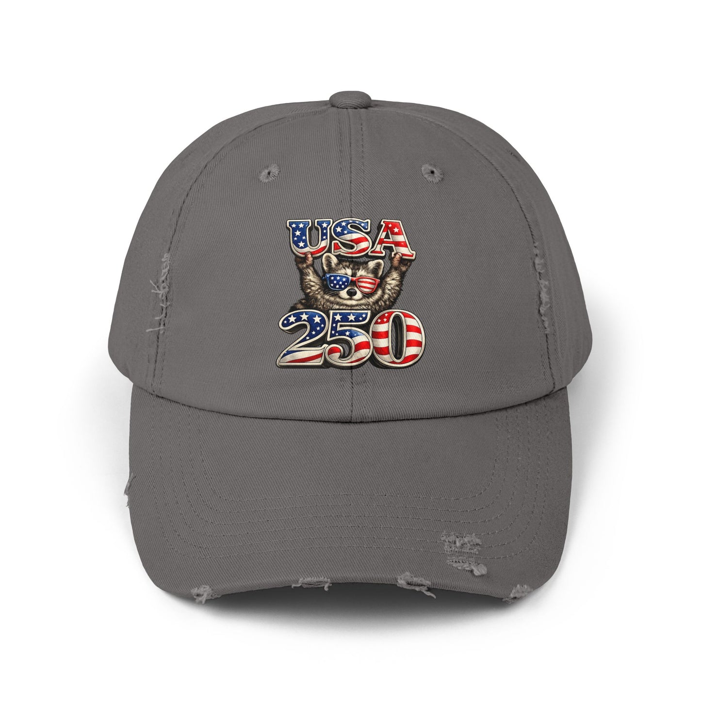 Patriotic Raccoon 250 Cap — Fireworks & Flag Distressed Baseball Hat