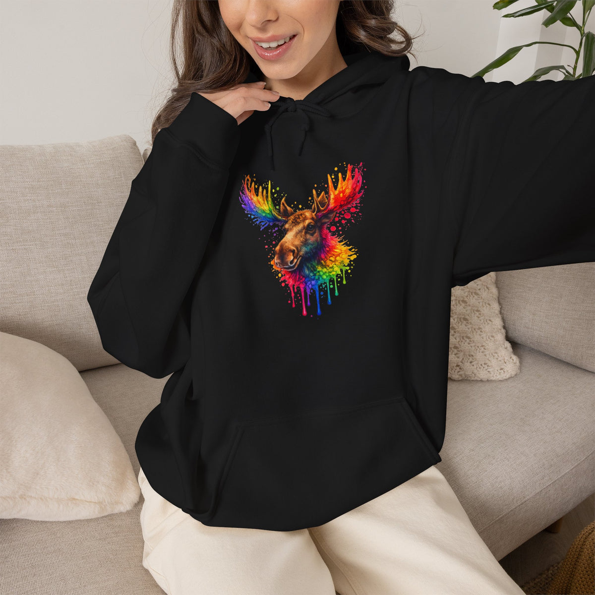 Watercolor Moose Hooded Sweatshirt