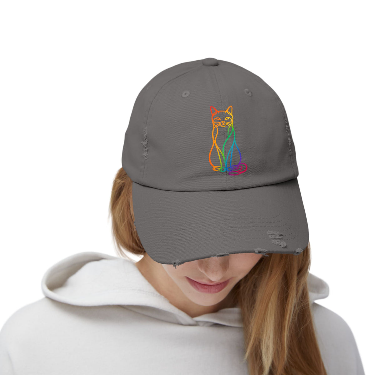 Rainbow Cat Distressed Cap