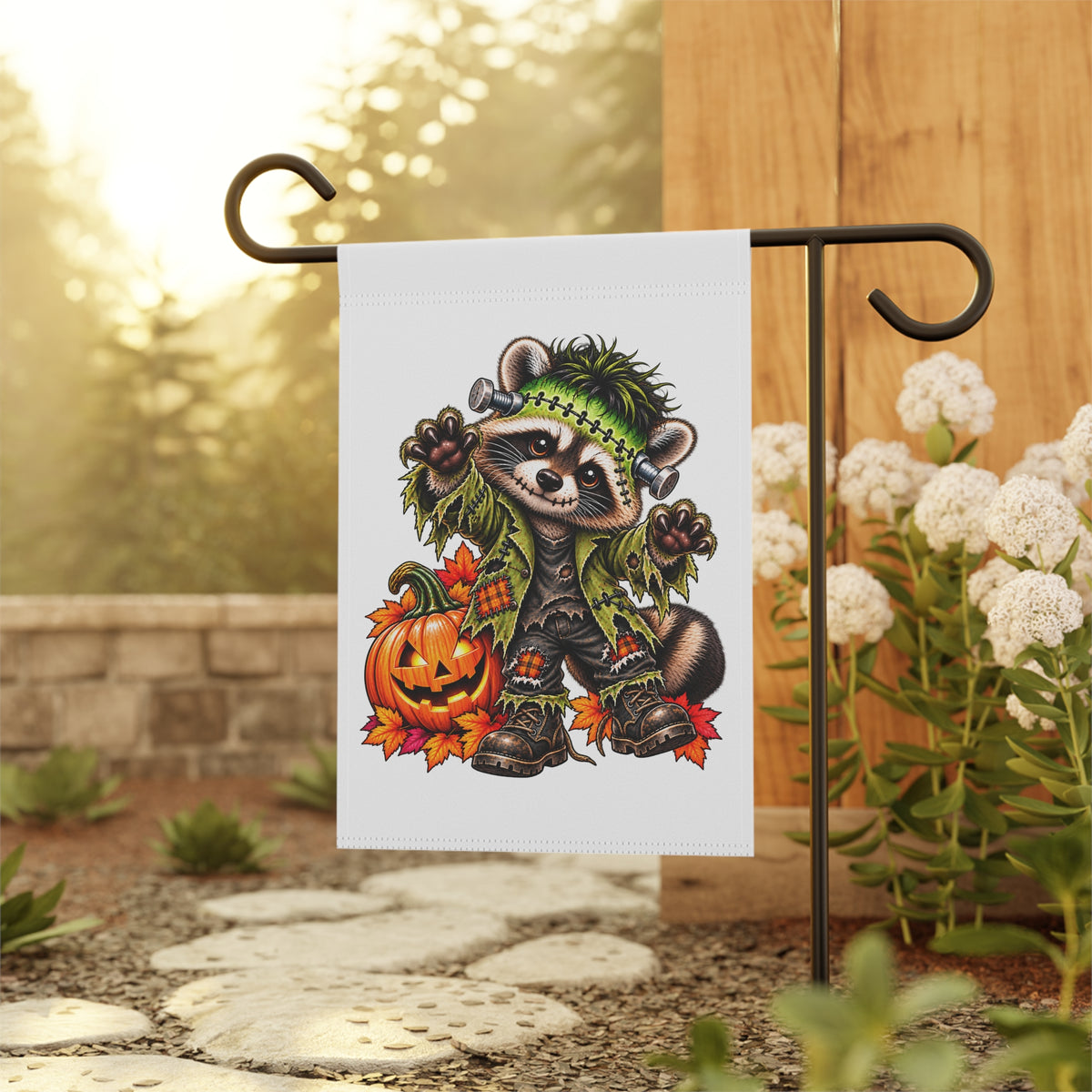 Halloween Frankenstein Raccoon Garden Flag