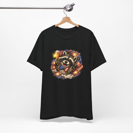 Patriot Raccoon 250th Anniversary T-Shirt — 4th of July Fireworks Flag Tee
