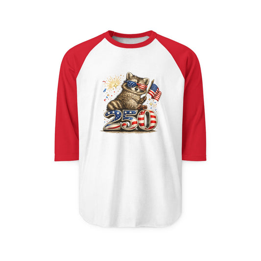 Patriotic Raccoon 250 Raglan Shirt — Fourth of July Fireworks Tee