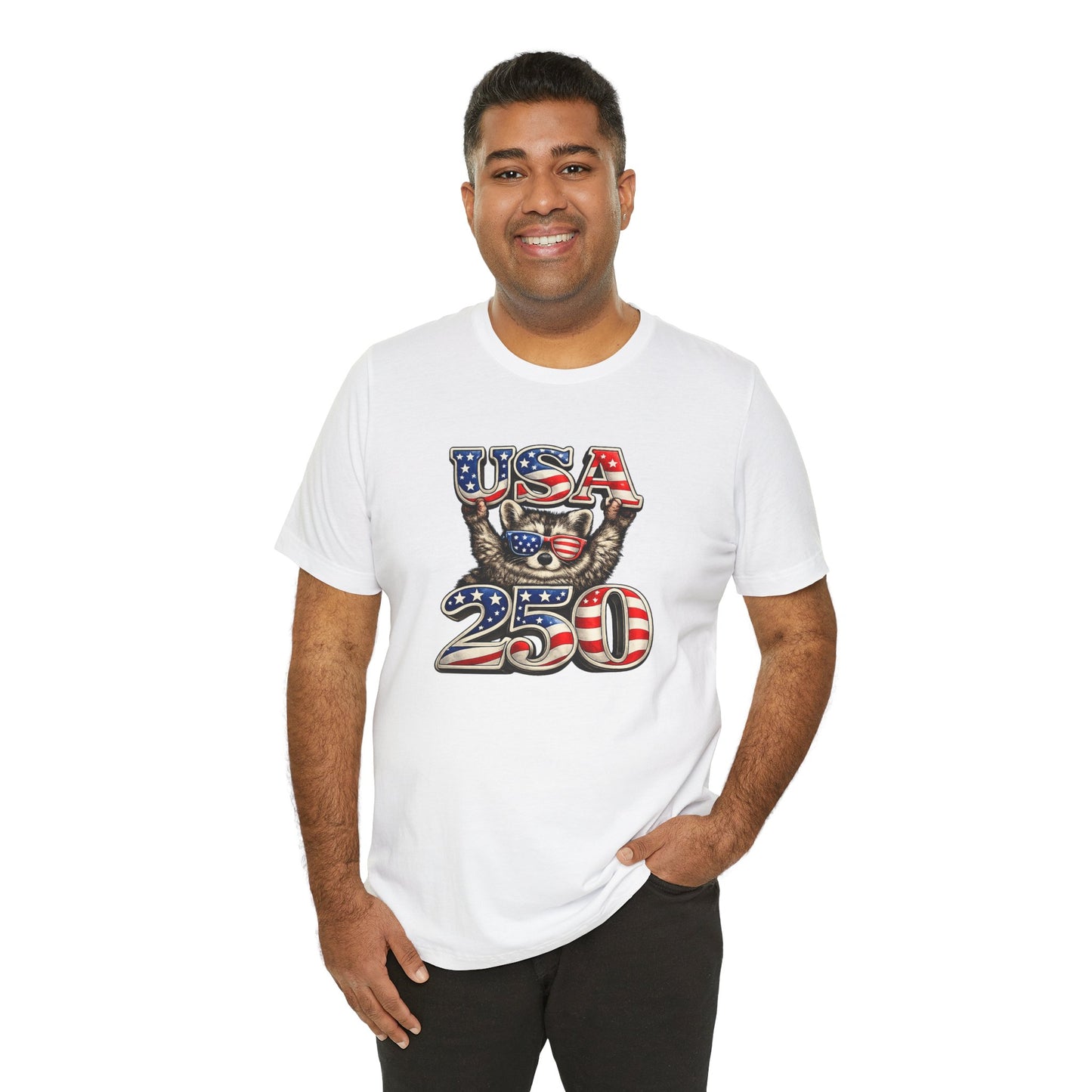 Patriot Raccoon 250th Anniversary T-Shirt — 4th of July Fireworks Flag Tee