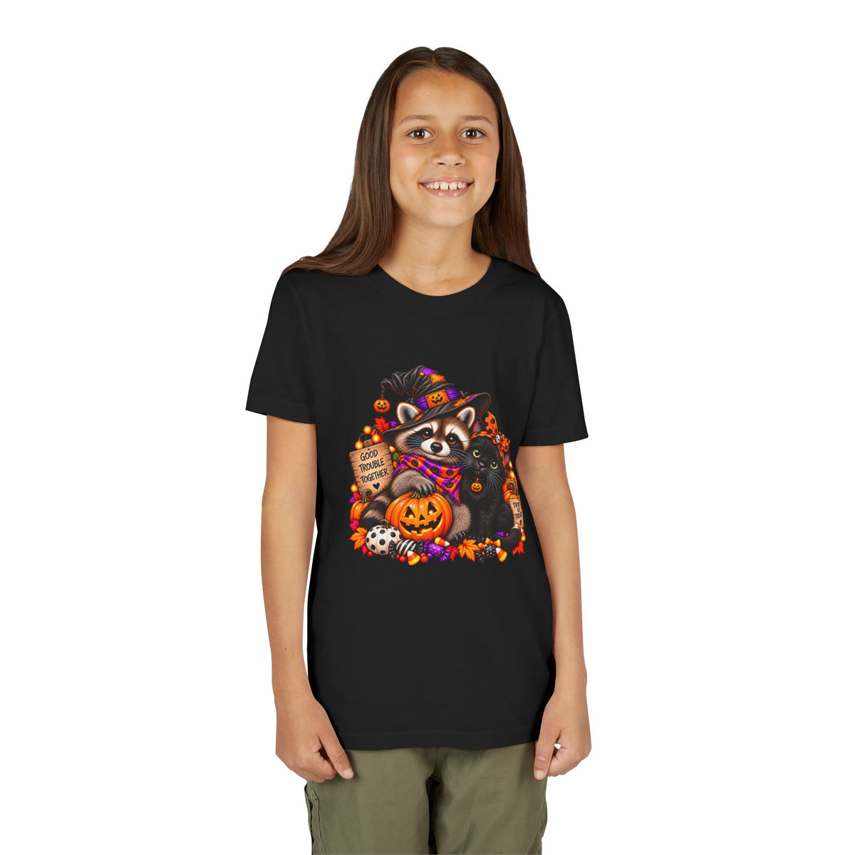 Halloween Youth Tee — Raccoon with it's Black Cat Bestie Kids Tshirt