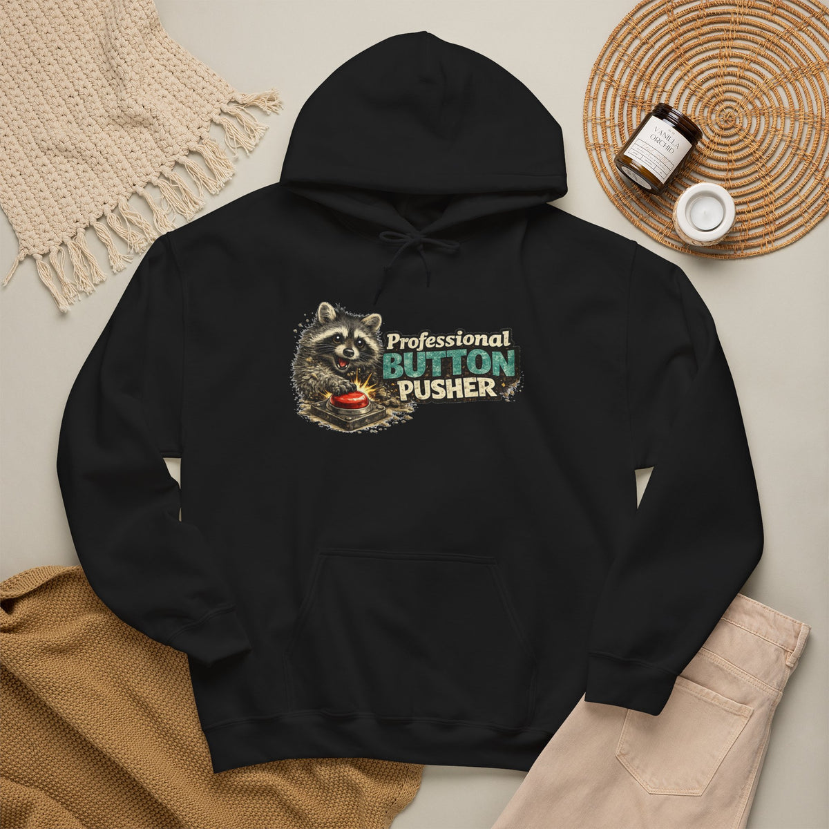 Raccoon "Button Pusher" Hooded Sweatshirt