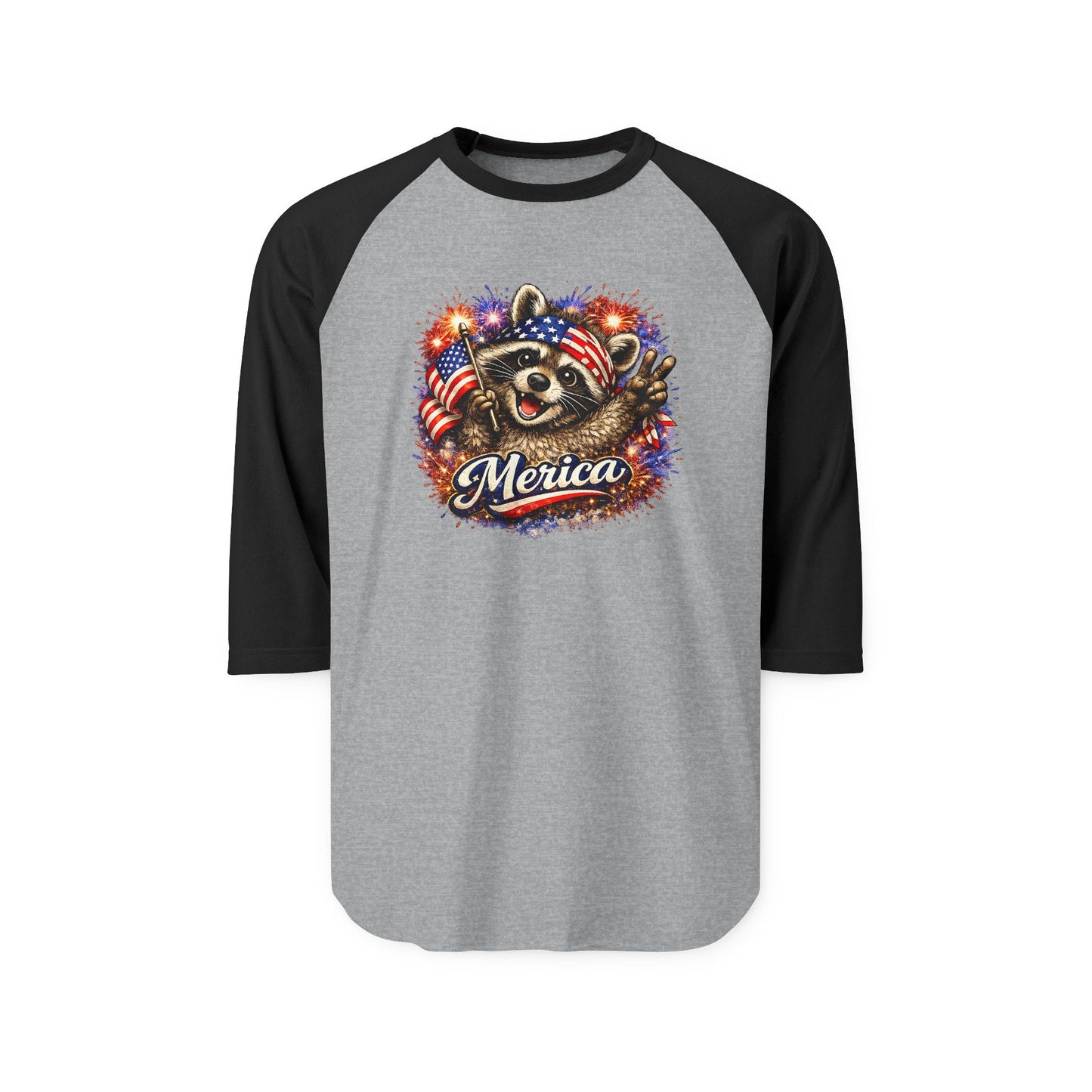 Copy of Patriotic Raccoon 250 Raglan Shirt — Fourth of July Fireworks Tee