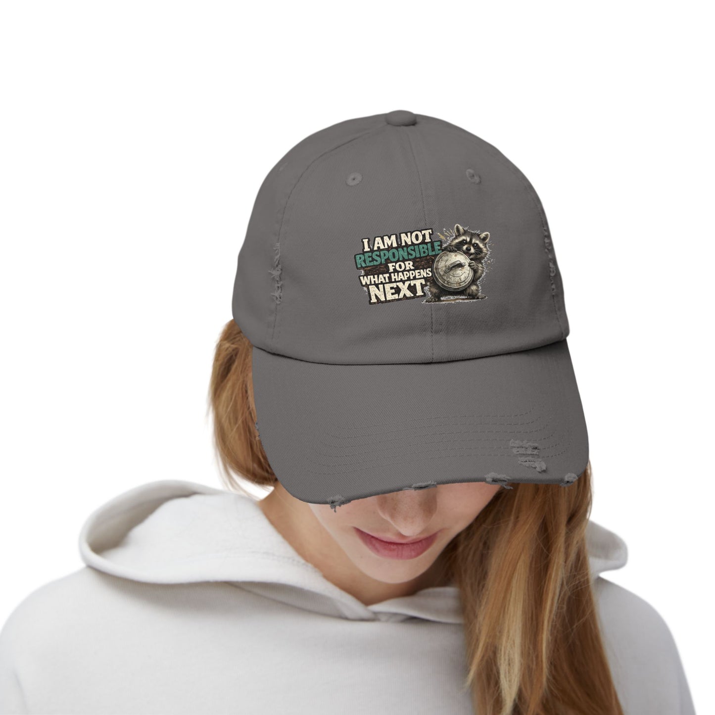 Not Responsible Distressed Cap — Raccoon Mom/Dad Funny Dad Hat
